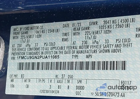 2023 Ford Escape Active from USA, damaged, VIN 1FMCU9GN2PUA11085